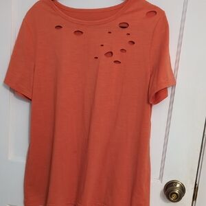 Women's Sz L Orange Distressed Short Sleeve Top